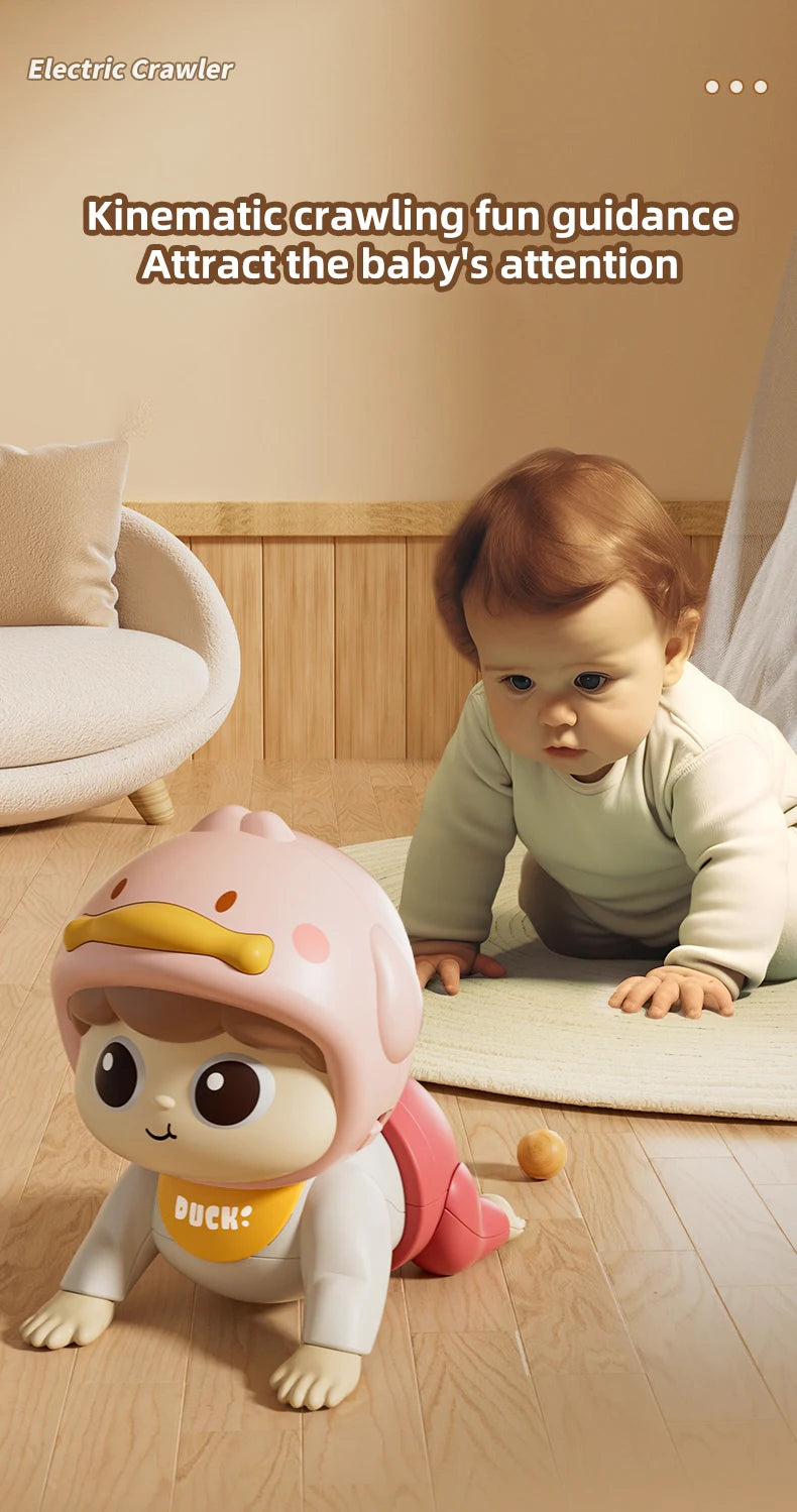 A baby doll resembling a character named Duck is shown on a floor, used for kinetic crawling fun guidance.