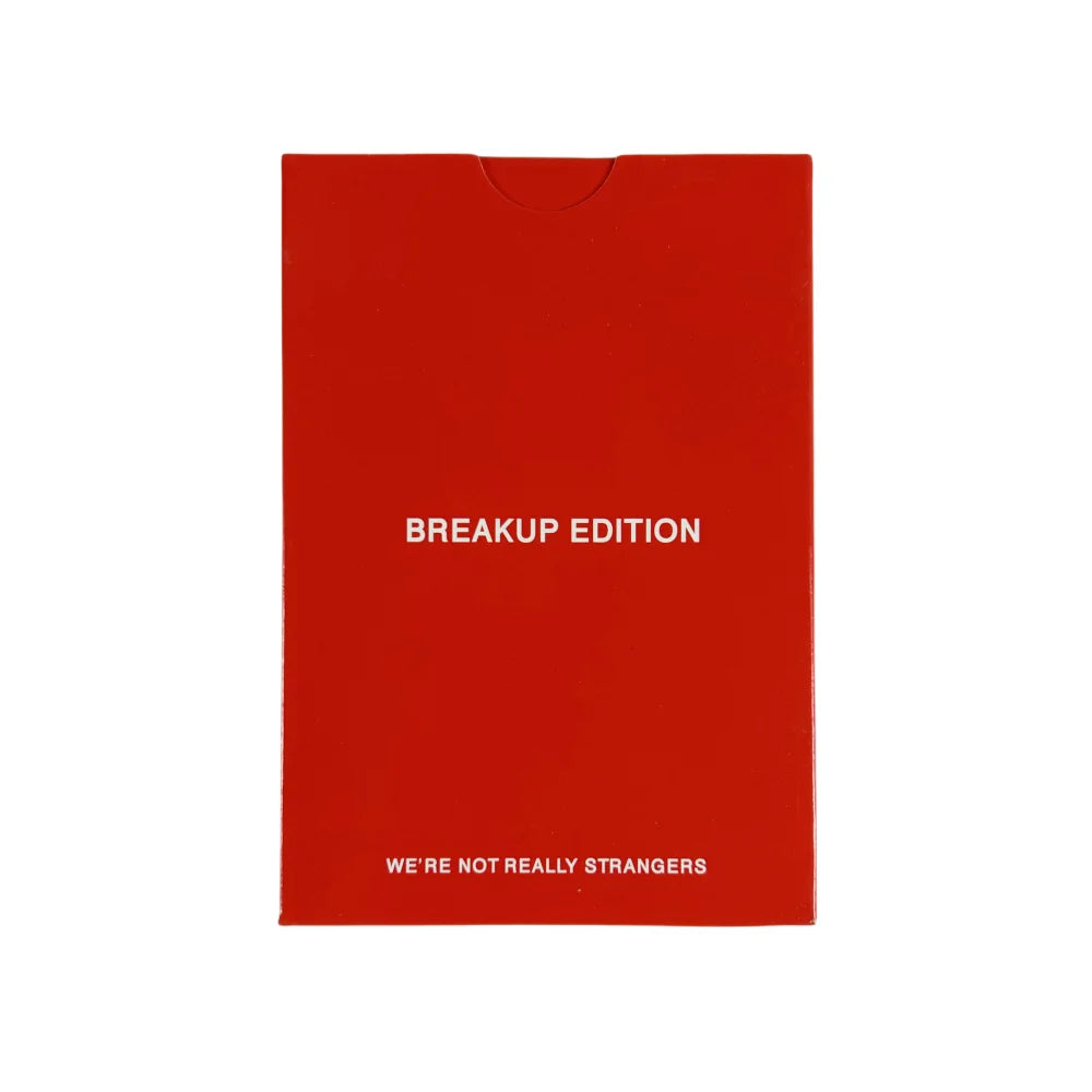 A red card game box titled Breakup Edition for the We're Not Really Strangers conversation card game.