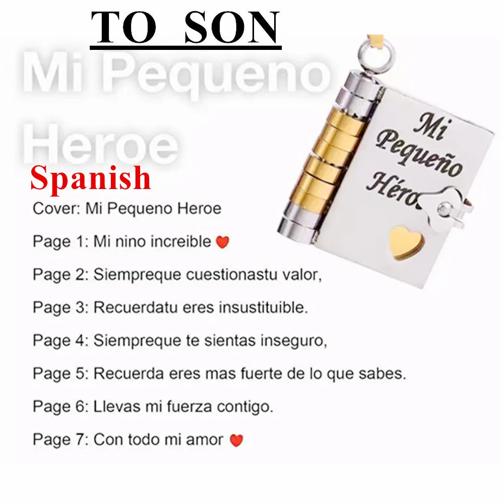 A silver and gold engraved pendant necklace set with a leather cover for a Spanish themed book gift