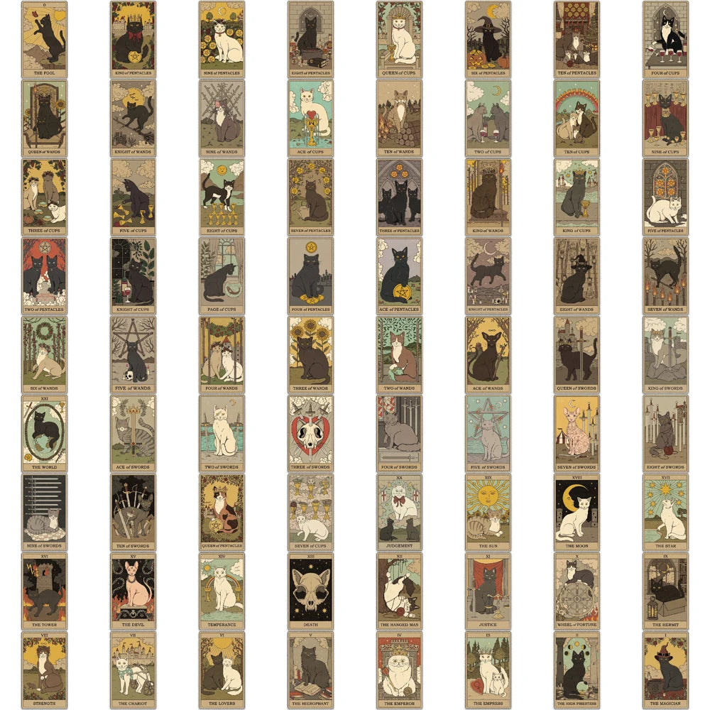 A collection of 72 whimsical mystery tarot-themed stickers featuring cats and mystical imagery.
