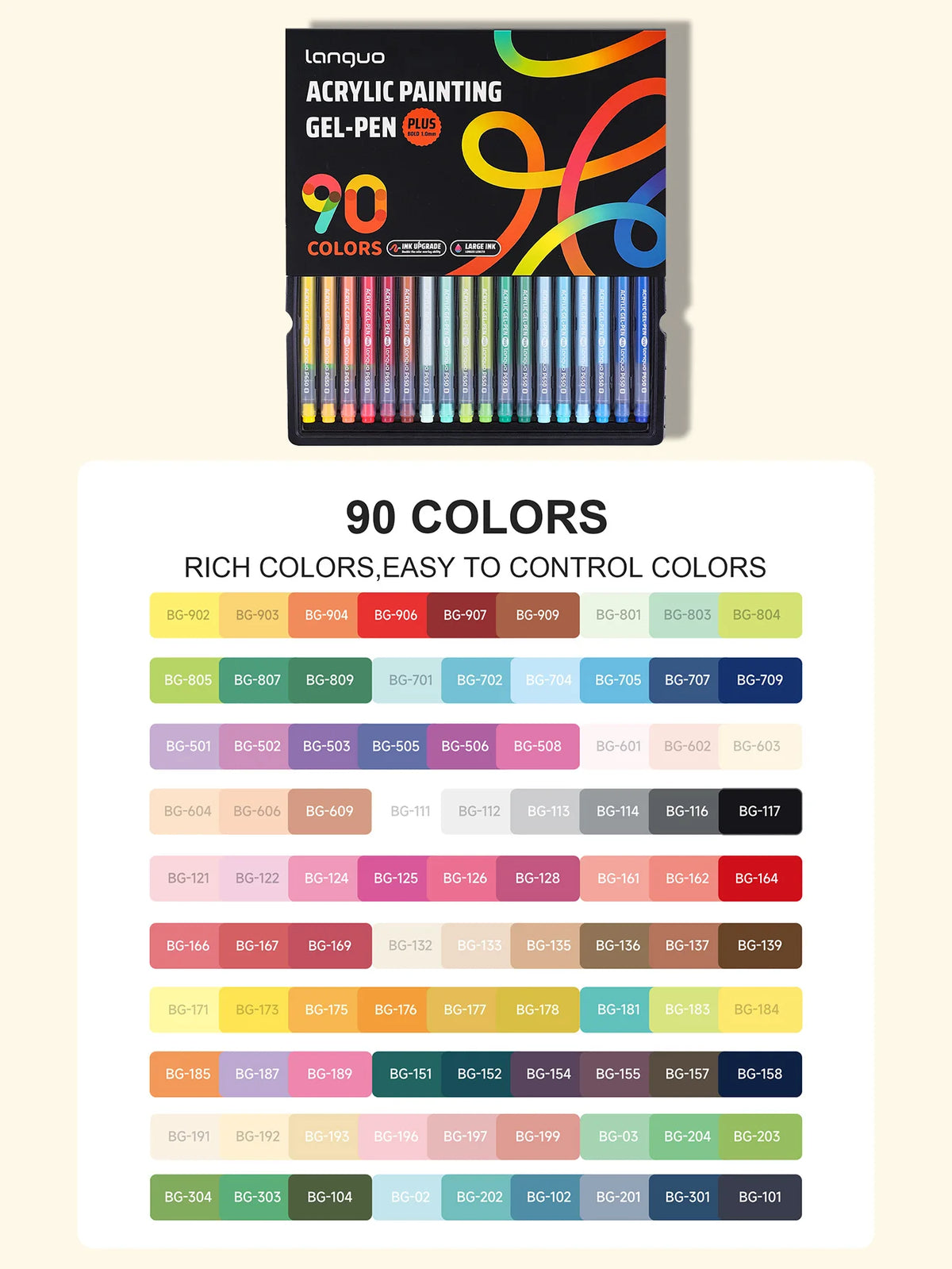 A box of 90 colors of acrylic gel pens for drawing and journaling, showing various colored pens.