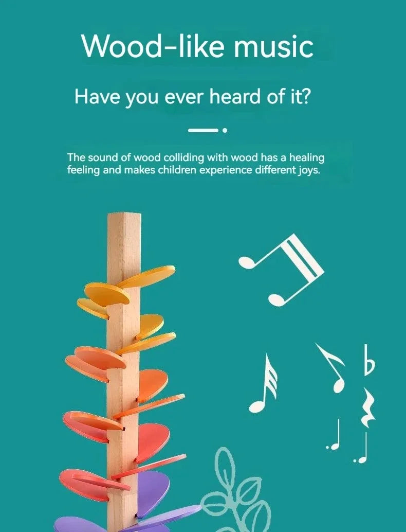 A wooden track toy featuring colorful, leaf-shaped blocks for children's sensory play.