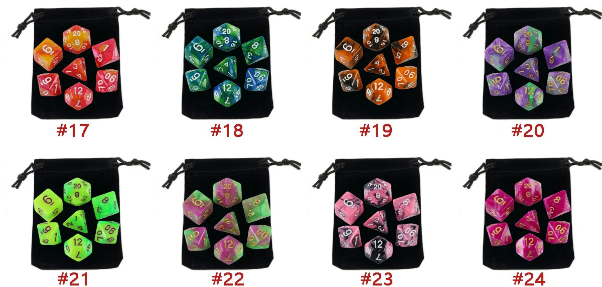 A set of 8 polyhedral dice in various colors stored in black fabric bags labeled #17 through #24.