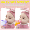 A baby doll wearing a pink knitted hat is shown feeding from a purple bottle and an orange bottle.