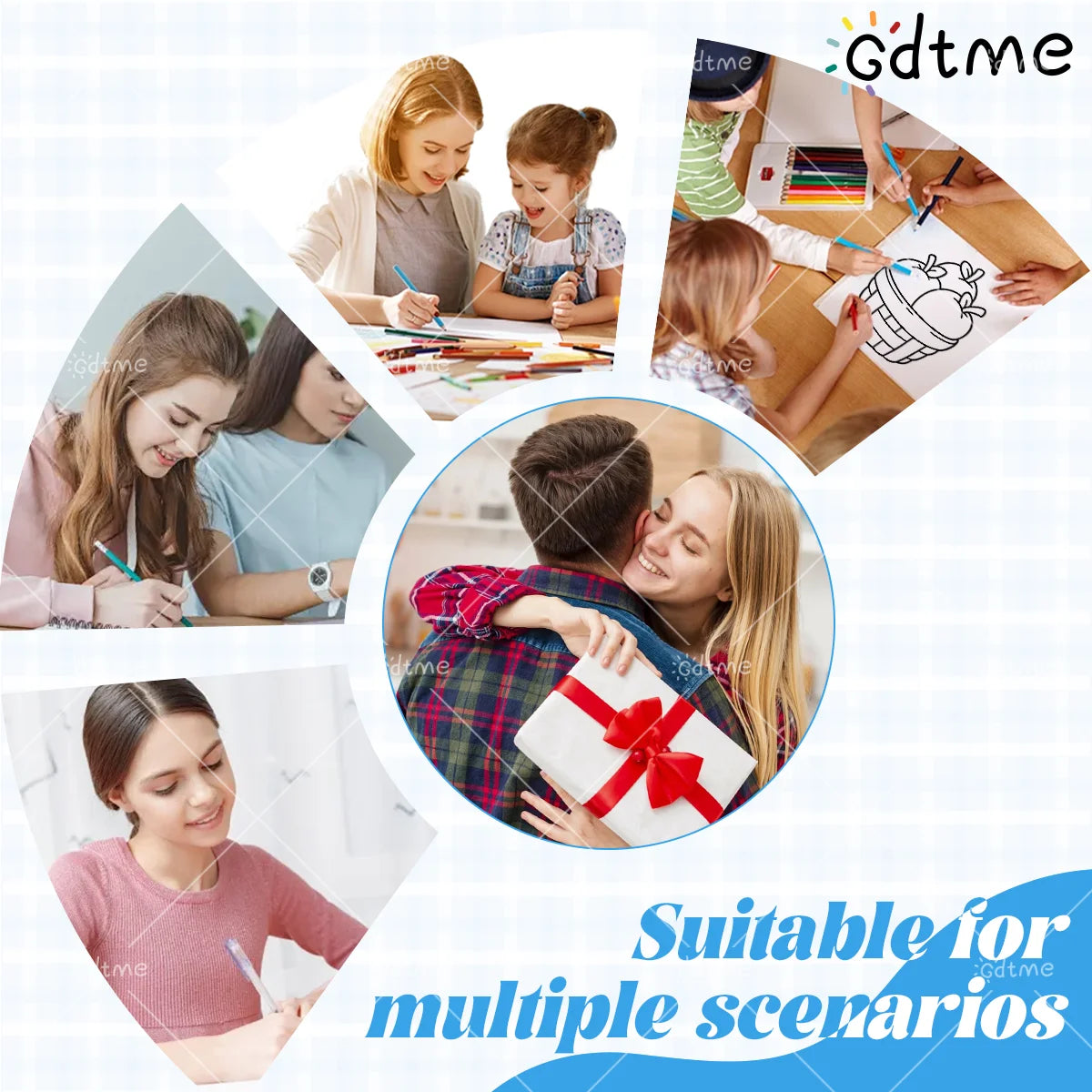 A collage showing people coloring and interacting with a cozy autumn themed coloring book for adults.