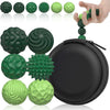 A collection of green and lime silicone fidget balls, some are being held by a hand, next to a black zippered pouch.