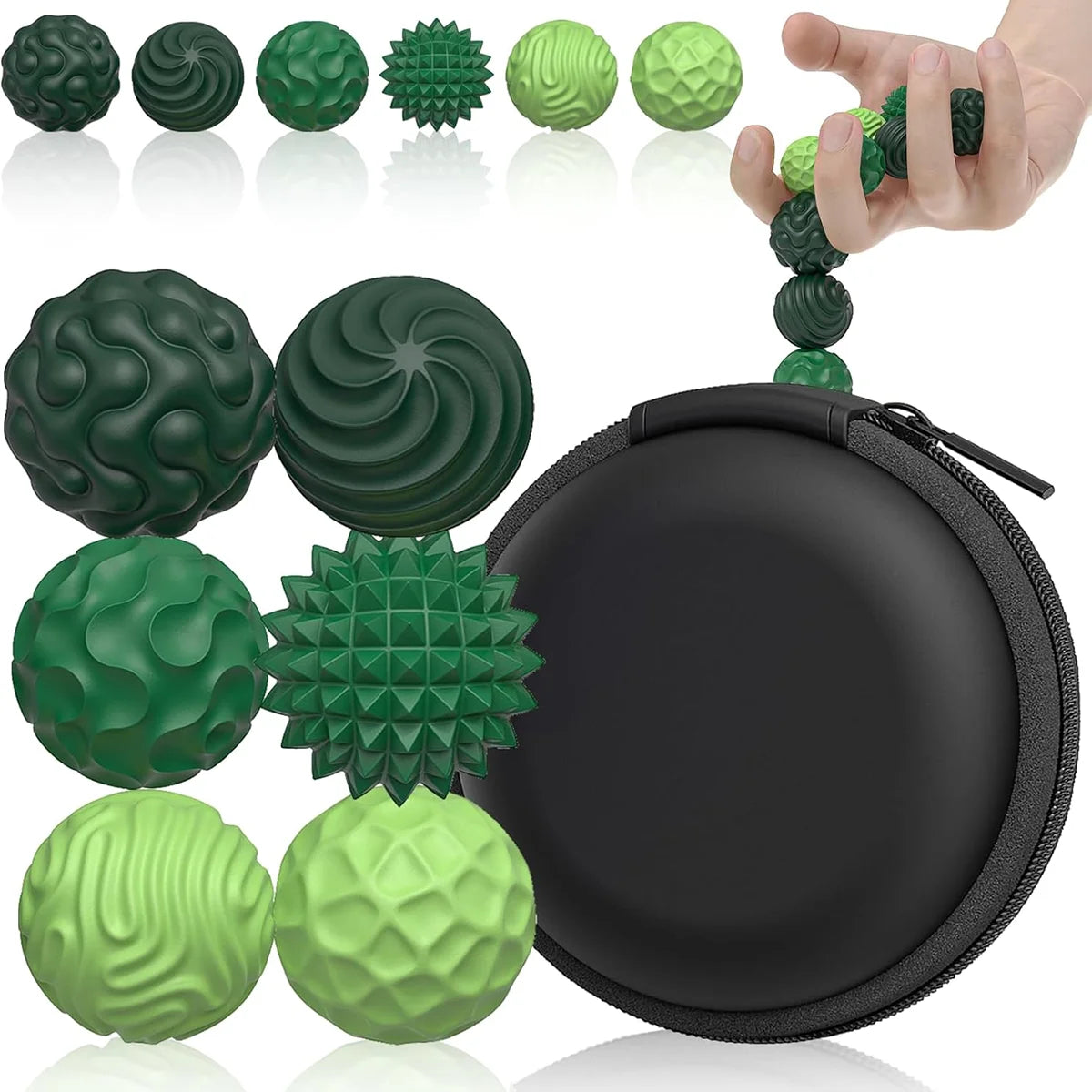 A collection of green and lime silicone fidget balls, some are being held by a hand, next to a black zippered pouch.