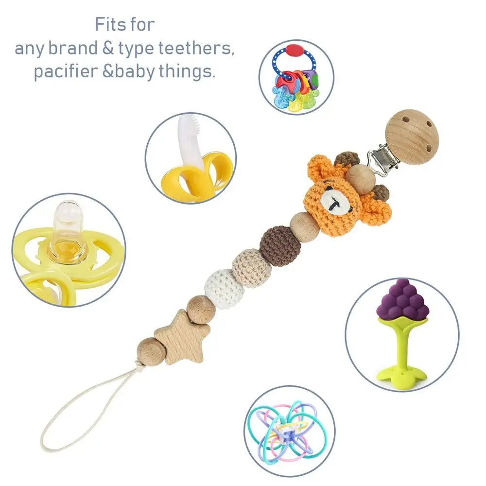 Wooden Baby Pacifier Clip with Crochet Charms