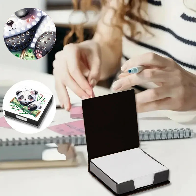 A hand is painting a diamond art pattern of an animal on a canvas, with examples of the finished design shown above.