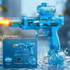 A clear blue electric water blaster toy gun is shown firing a stream of light and flame effects in water.