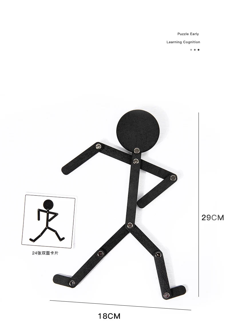 A black wooden jigsaw puzzle depicting a person in a sports pose, used for early learning and cognitive development.
