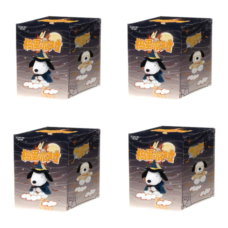 A box of Snoopy Mischief Party Series collectible figures featuring the character in a dynamic pose.