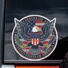 A patriotic American eagle vinyl decal featuring the US flag and text on a circular design.
