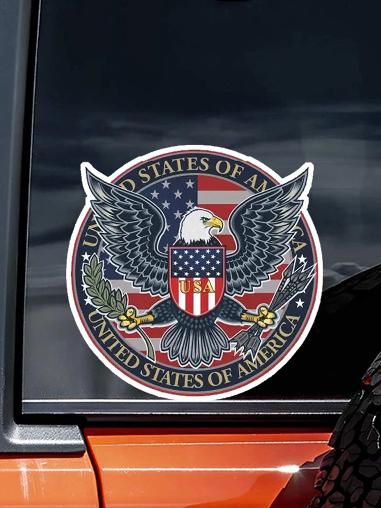 A patriotic American eagle vinyl decal featuring the US flag and text on a circular design.