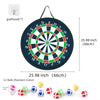 A circular dartboard with concentric rings and a target center, surrounded by various colored sticky balls.
