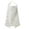 A white breathable muslin nursing cover with a delicate floral print and adjustable neckline.