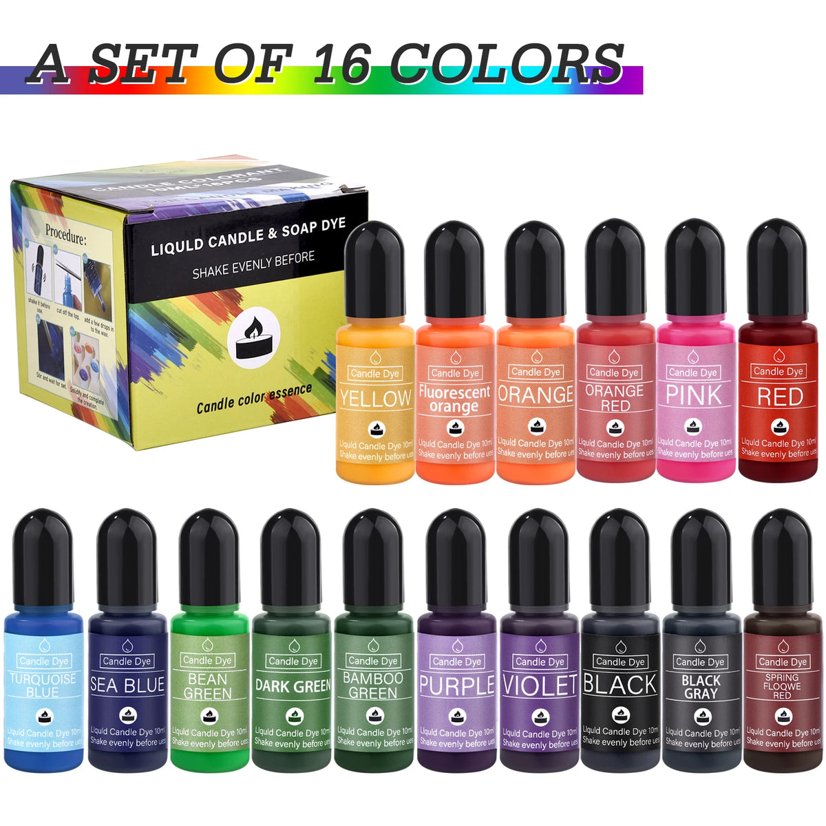 A set of 16 colors of liquid candle and soap dye pigments for crafting.