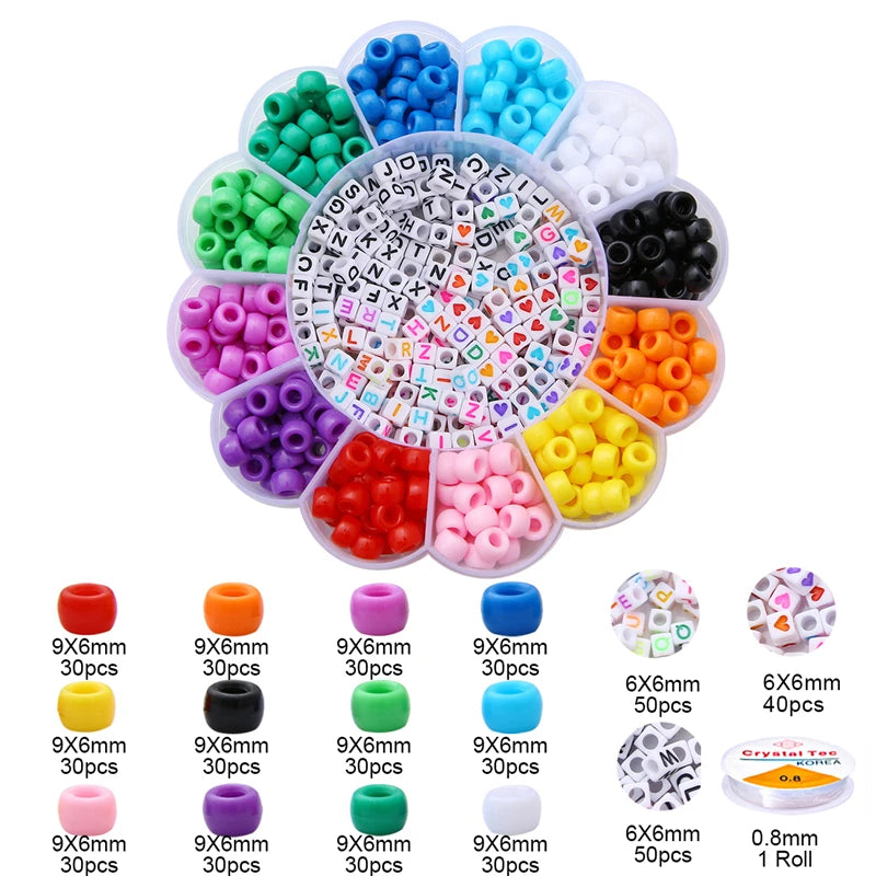 A colorful craft set featuring pony beads, letter beads, and elastic cord in various colors and sizes.