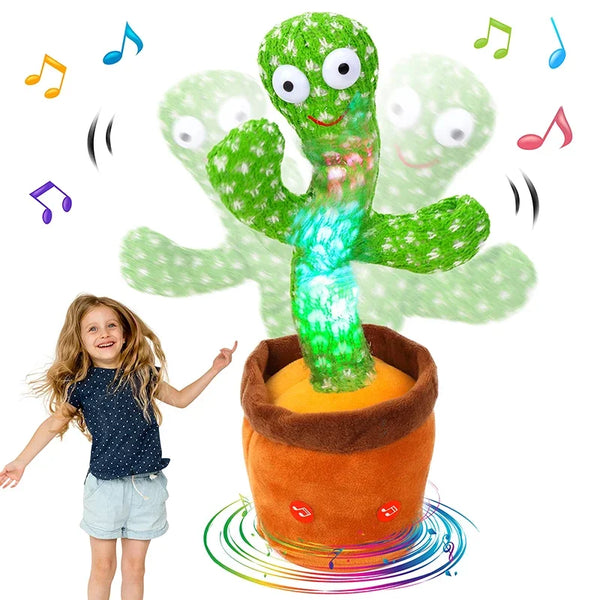 A green cactus plush toy with musical notes surrounding it, standing in an orange pot.