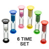 A set of six colorful hourglass sand timers with durations ranging from 1 minute to 30 seconds.