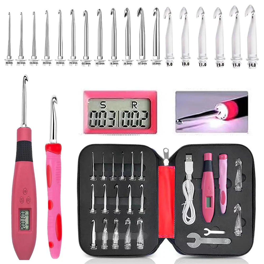 LED Lighted Crochet Hook Set with Interchangeable Heads and Built-in Stitch Counter