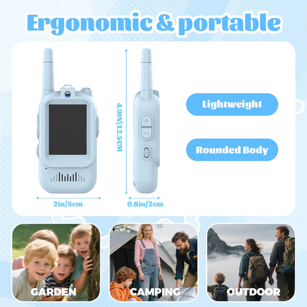 A white portable walkie talkie device shown next to outdoor scenes like a garden, camping, and outdoors.
