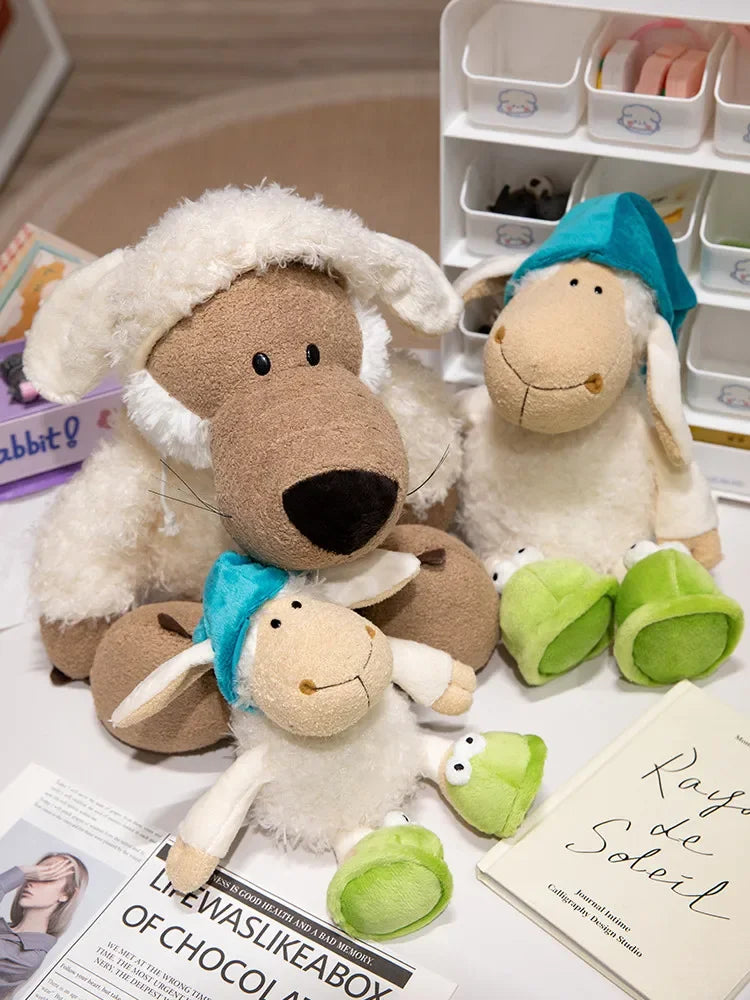 A soft plush toy of a wolf dressed in sheep's clothing, alongside another sheep-like stuffed animal.