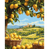 A painting of a lemon tree with yellow fruit hanging from green leaves against a blue sky and rolling hills.