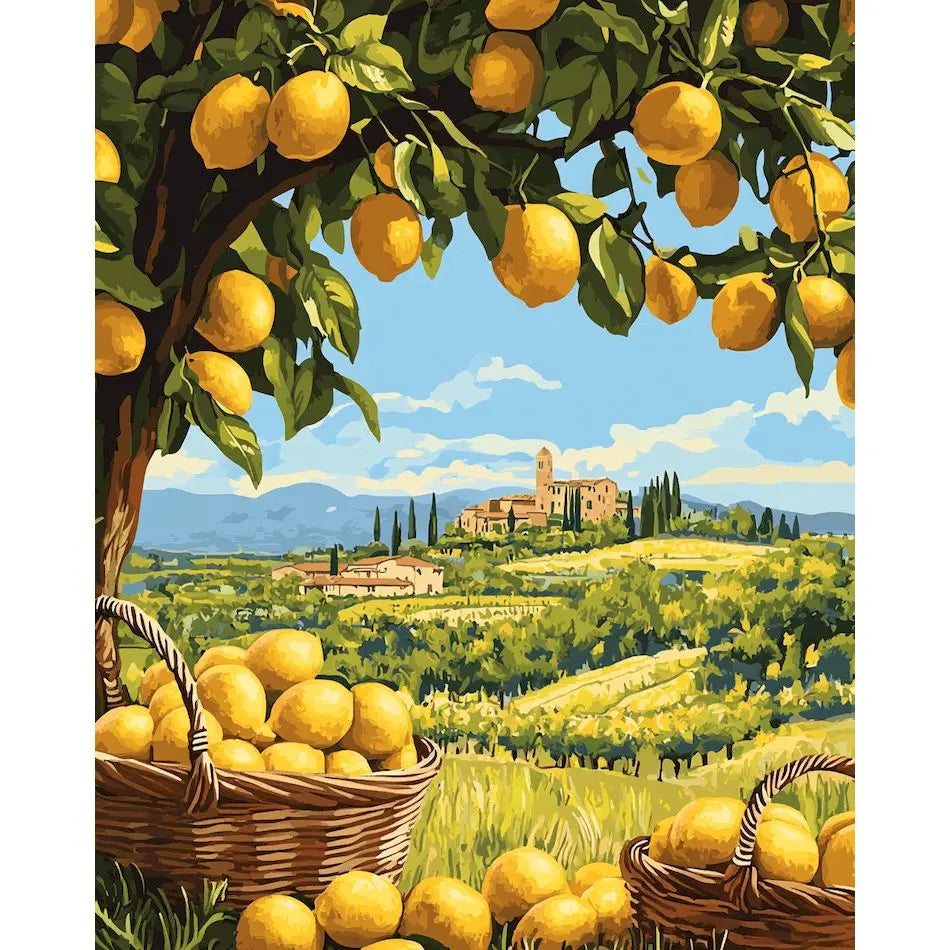 A painting of a lemon tree with yellow fruit hanging from green leaves against a blue sky and rolling hills.