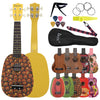 A yellow ukulele and a set of accessories including a pick, tuner, and strap.