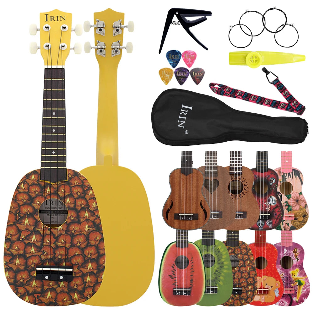 A yellow ukulele and a set of accessories including a pick, tuner, and strap.