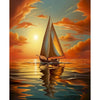 A sailboat with white sails is depicted on the water at sunset, reflected in the calm sea.