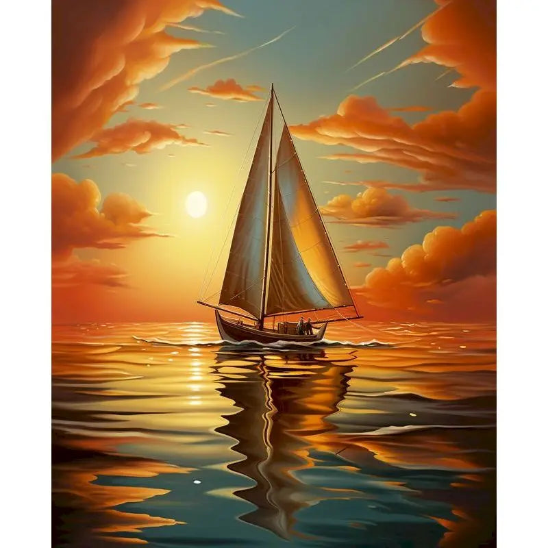 A sailboat with white sails is depicted on the water at sunset, reflected in the calm sea.