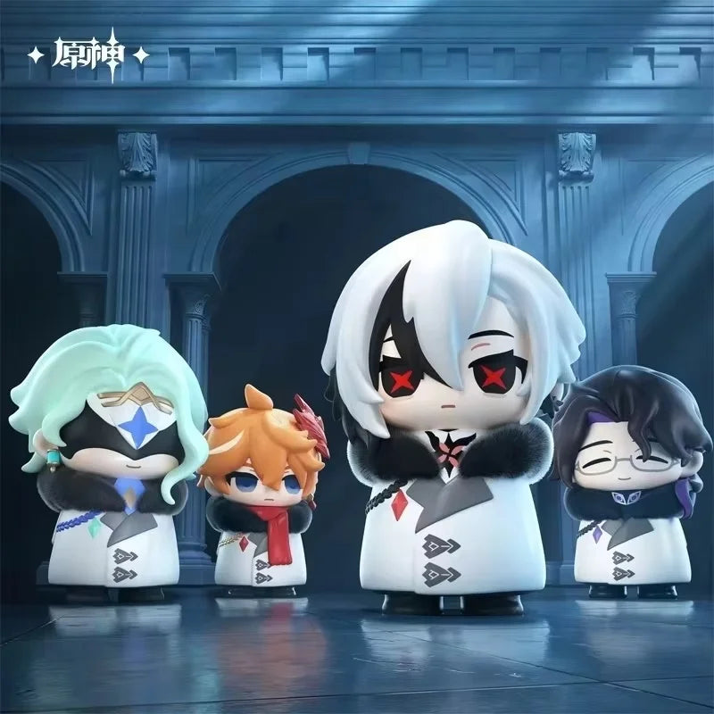 A collection of chibi figurines depicting Fatui Harbingers characters in white and black attire.