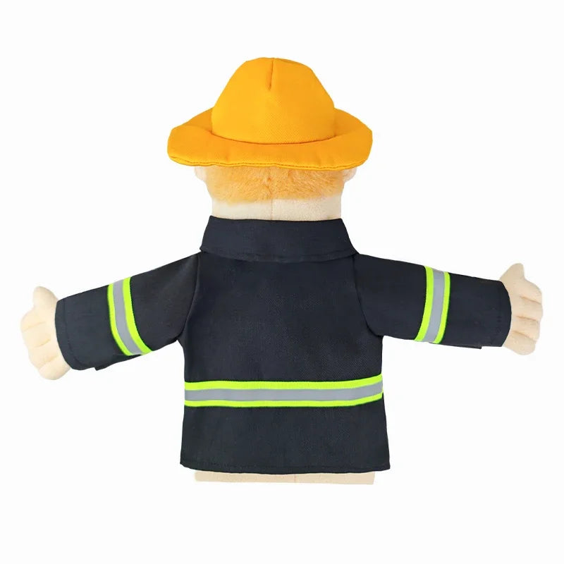 A plush hand puppet of a person wearing an orange hat and a dark blue uniform with a yellow stripe.