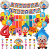 A colorful collection of balloons, banners, and clown-themed decorations for a children's birthday party.