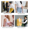 A set of soft tape measures is shown measuring pants length, waist, chest circumference, and clothing size on people.