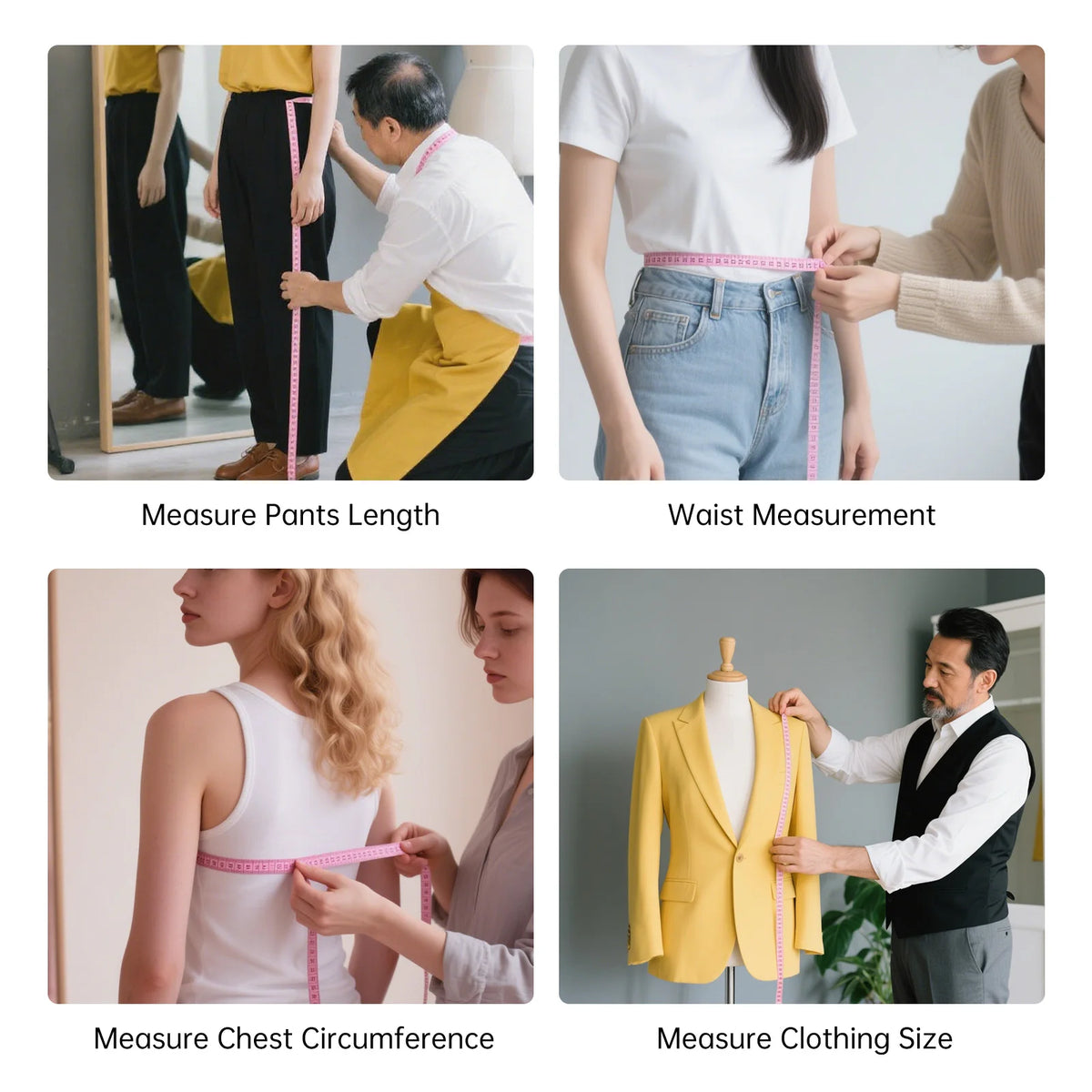 A set of soft tape measures is shown measuring pants length, waist, chest circumference, and clothing size on people.