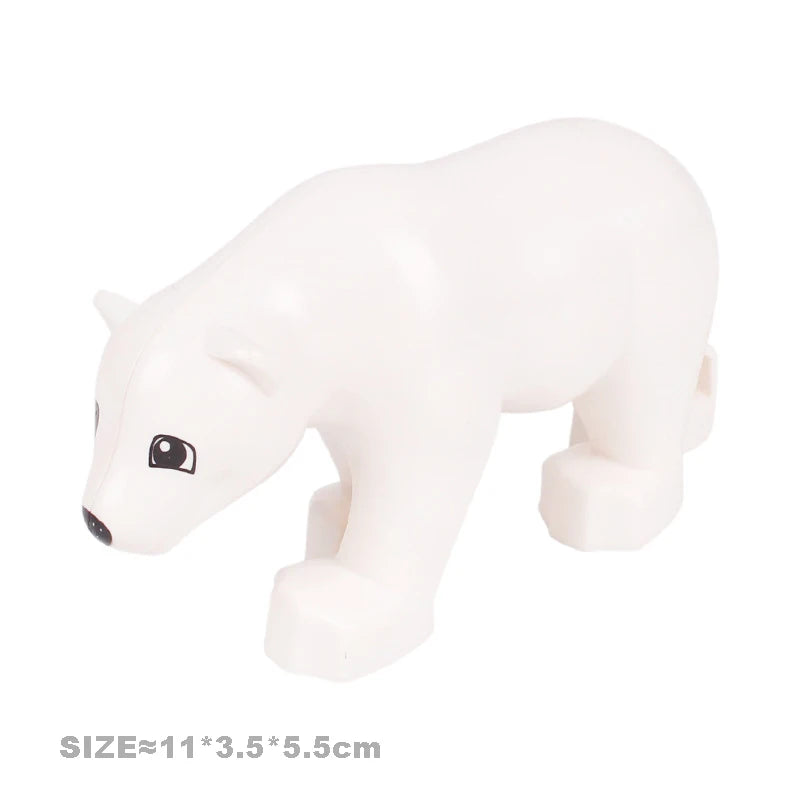 White plastic zoo animal building blocks set featuring a lion, bear, tiger, elephant, and panda.