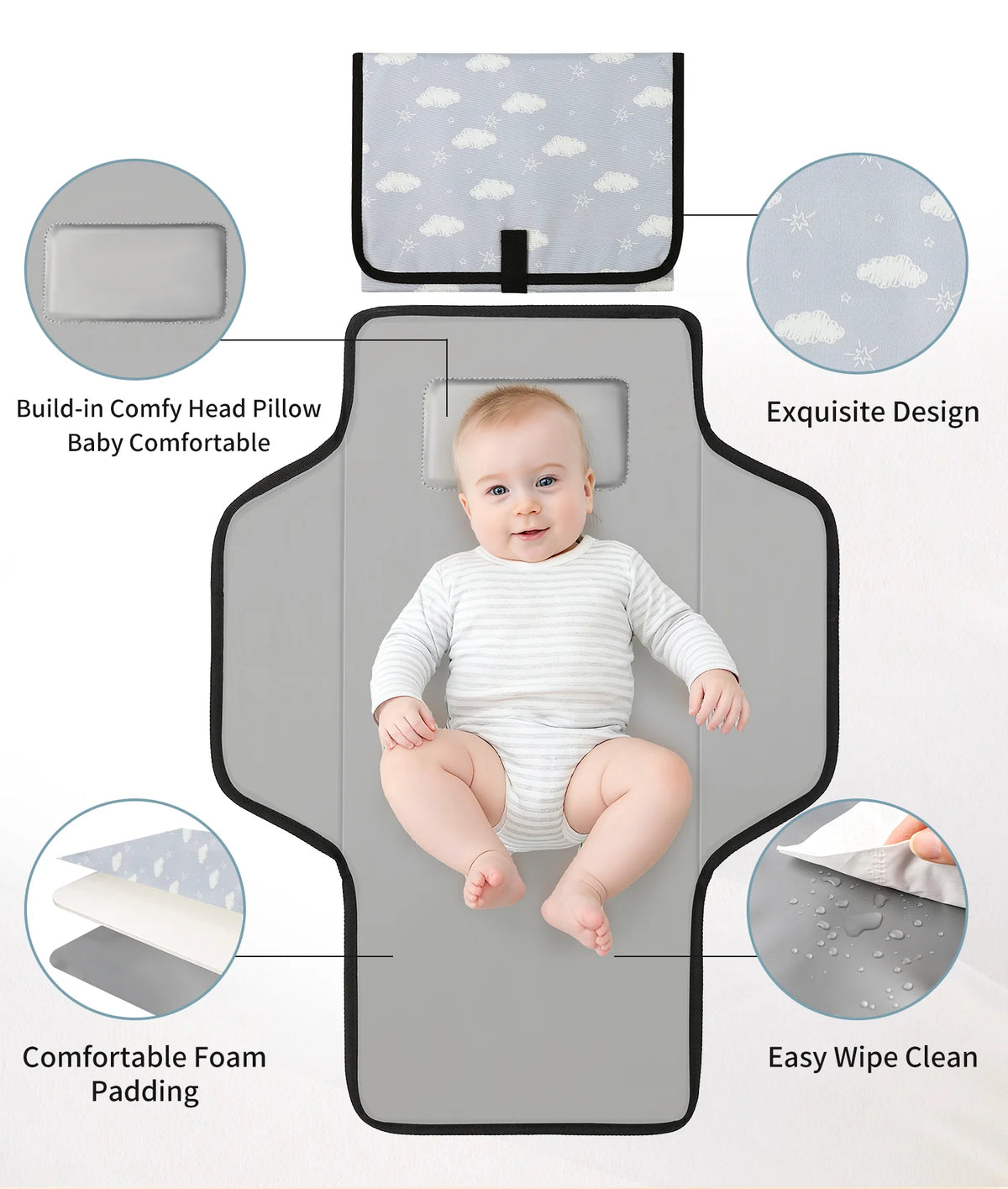 A gray portable diaper changing pad with a removable cover, featuring foam padding and an exquisite design.