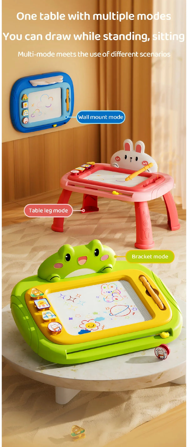 A collection of magnetic drawing boards and tables demonstrating multiple modes of use for kids.