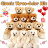 A collection of various classic three-color plush teddy bears in brown and beige tones.