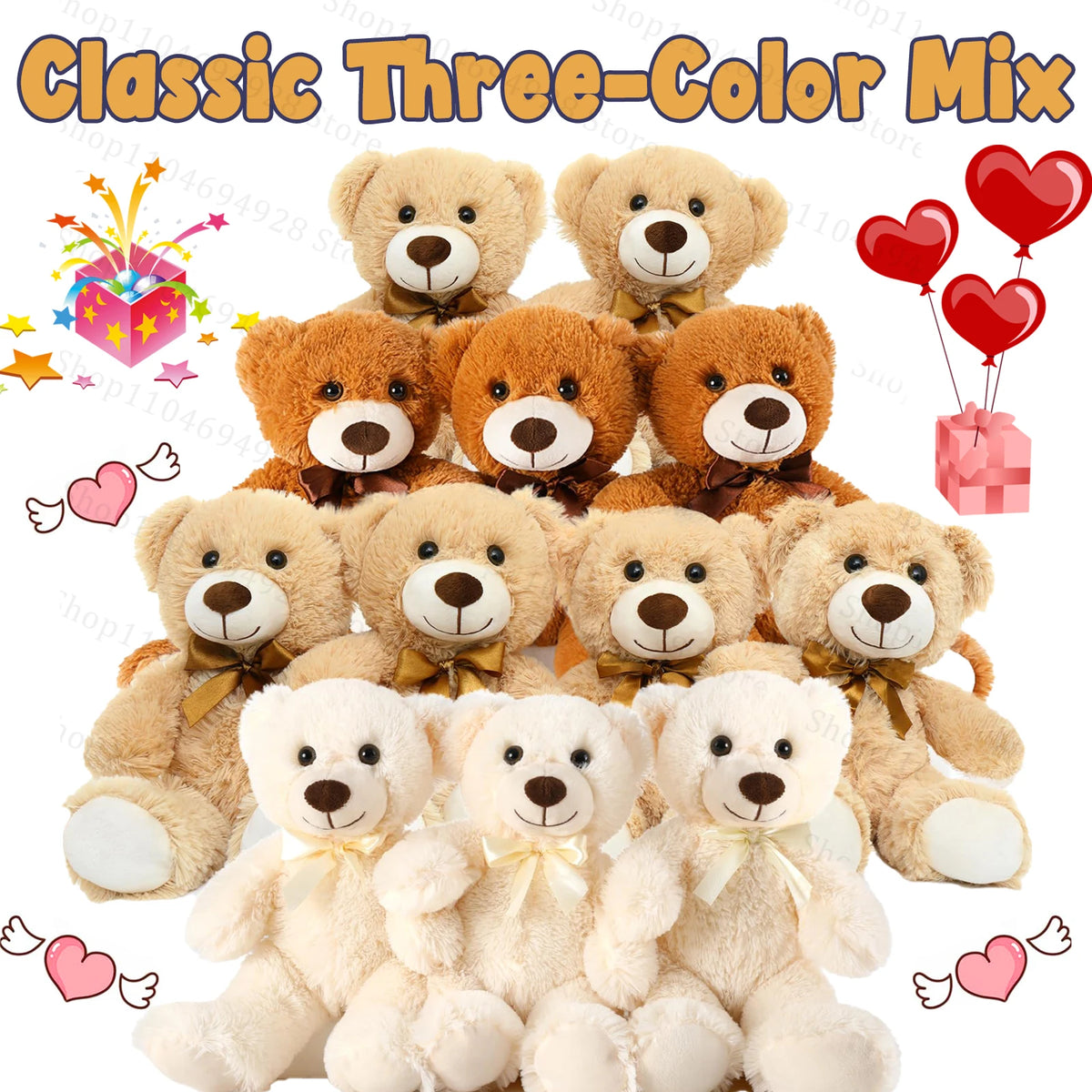 A collection of various classic three-color plush teddy bears in brown and beige tones.