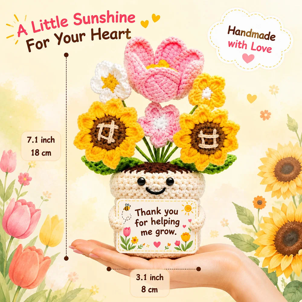 Handmade crochet flower arrangement with a thank you card presented in a hand.