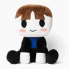 A cute cartoon plush doll with brown hair and a smiling face, sitting upright.