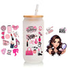 A clear tumbler with a pink and gold design featuring various makeup items and a woman's portrait.