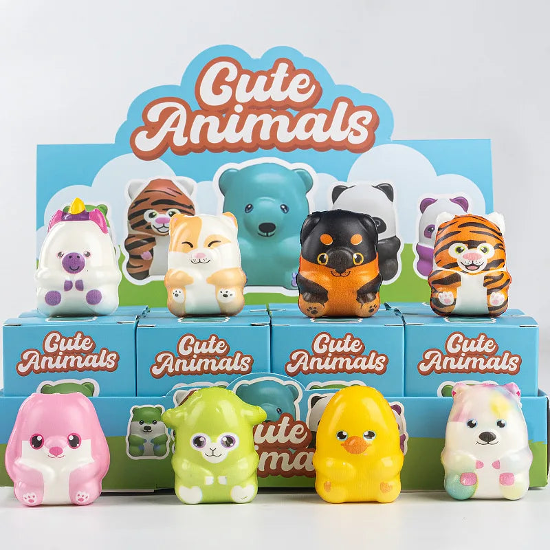 A collection of 12 squishy stress relief toys featuring cute animals and food characters in various colors.