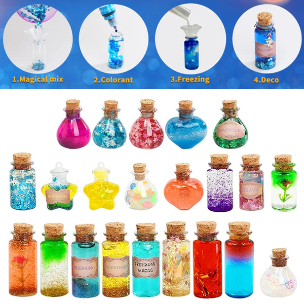 A collection of colorful DIY fairy potion craft kits featuring various liquid potions in glass bottles.