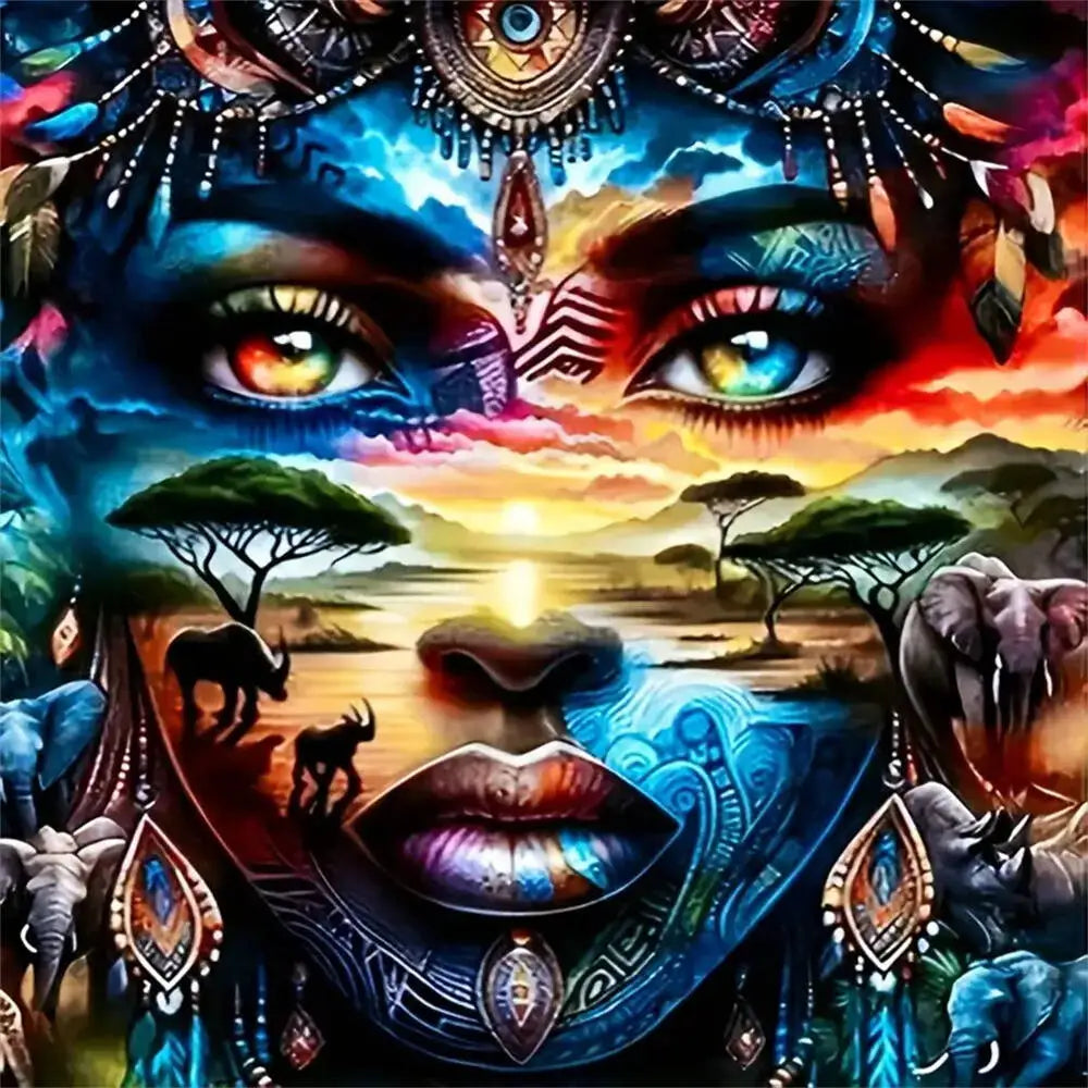 Vibrant digital art portrait of an elephant face with intricate patterns and colorful details.