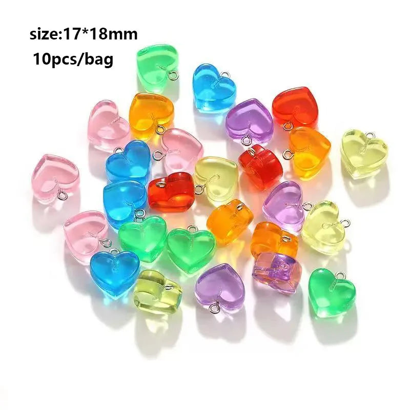 A collection of colorful heart-shaped charms in various shades including blue, pink, and orange.